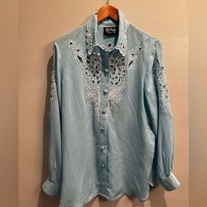 Bob Mackie Light Blue Wearable Art Shirt cut-out medium silk elegant western
